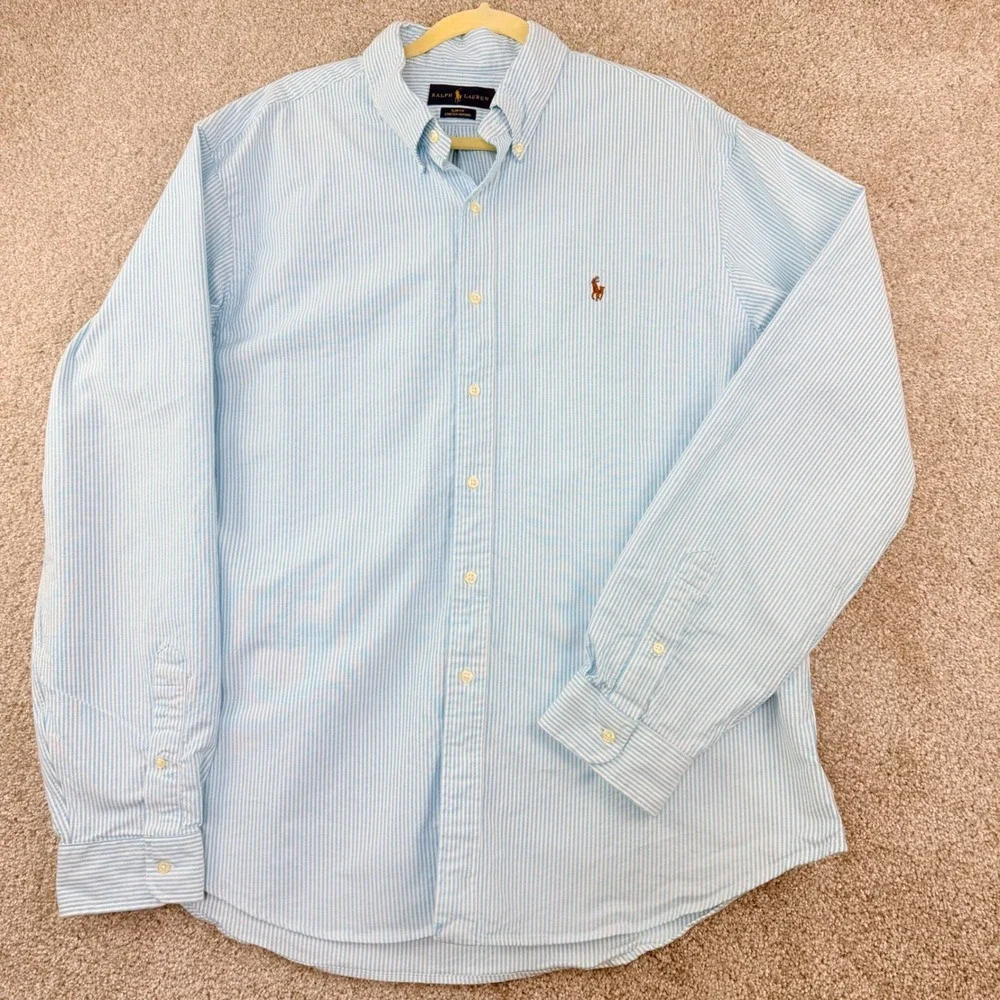Ralph Lauren 2XL Blue Stripe Stretch Oxford Shirt Slim Fit Preppy Casual Coastal
